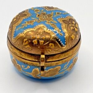 Antique MOSER Miniature Pill Box Turquoise Gold Tone Hand Painted